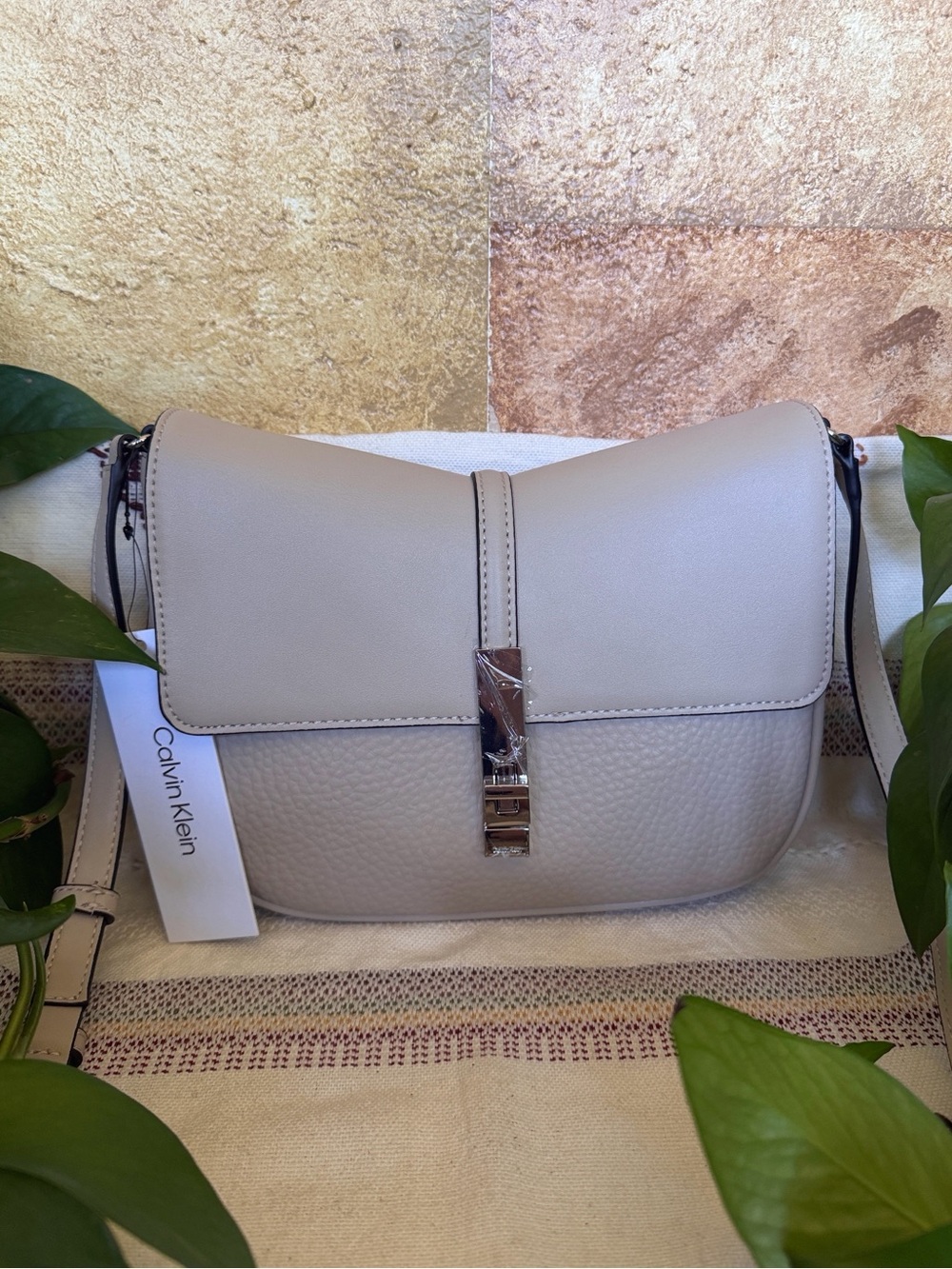 NEW Calvin Klein Taupe Pebbled Faux Leather Vegan Adjustable Strap Crossbody Bag